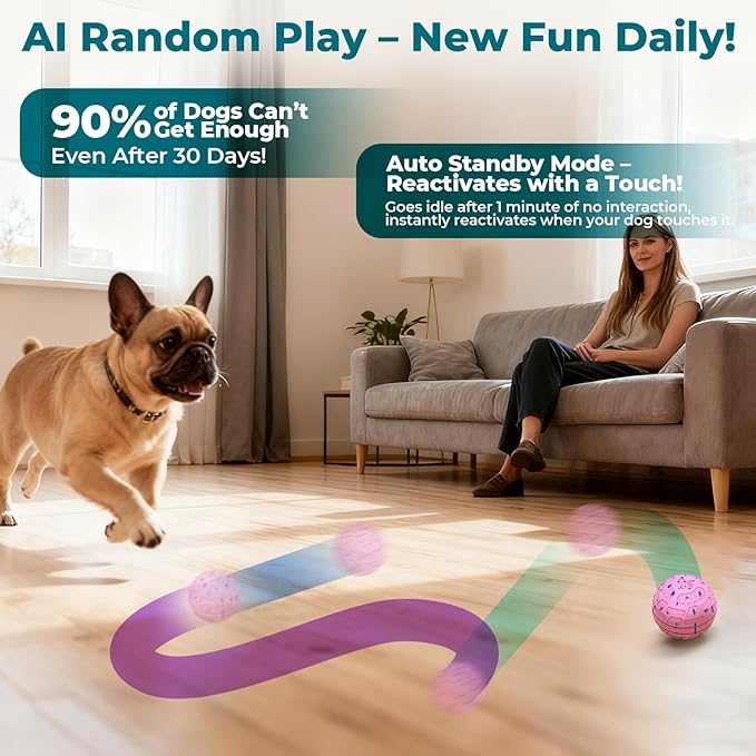 KITPLUS Smart Interactive Dog Toy Ball - Automatic Moving, Bouncing & Rolling, 3 Play Modes, Chew-Proof E-TPU, Waterproof, USB Rechargeable, Active Pet Ball for Medium & Large Dogs, Pink