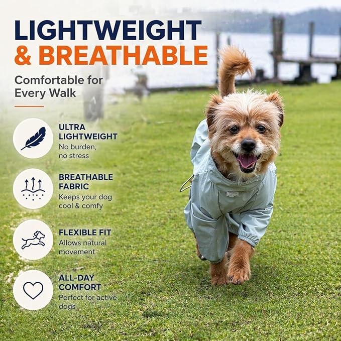 Dog Raincoat with Full Leg Coverage, Waterproof & Lightweight Rain Jacket for Small and Medium Dogs, Keep Belly & Legs Dry, Harness Compatible, Reflective Safety, with Storage Bag (Medium)