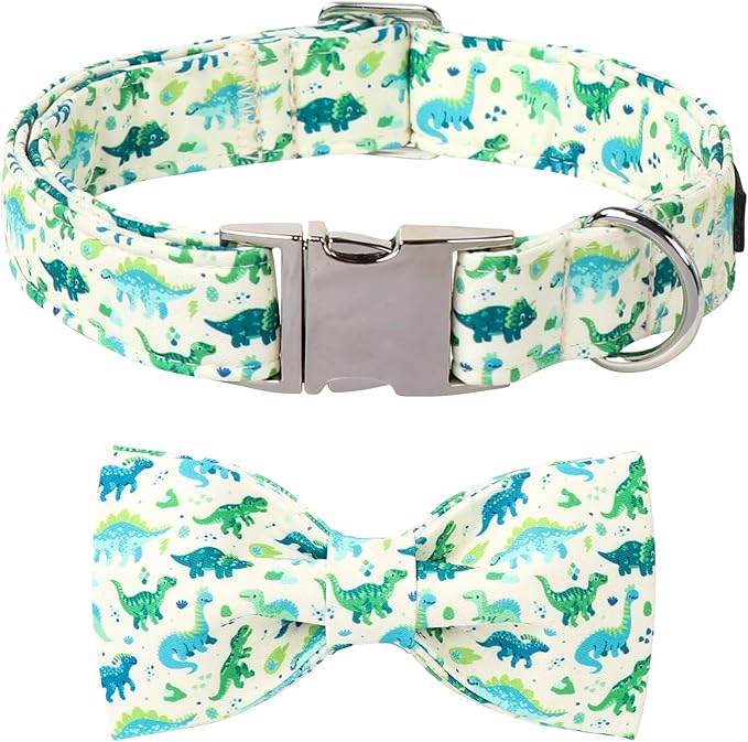 Lionet Paws Dinosaur Dog Collar with Bowtie, Cute Summer Beige Dog Collar for Girl for Large Dogs, Adjustable Cotton Pet Collars for Medium Large Dogs