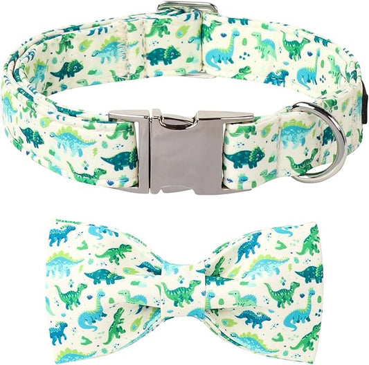 Lionet Paws Dinosaur Dog Collar with Bowtie, Cute Summer Beige Dog Collar for Girl for Large Dogs, Adjustable Cotton Pet Collars for Large Dogs