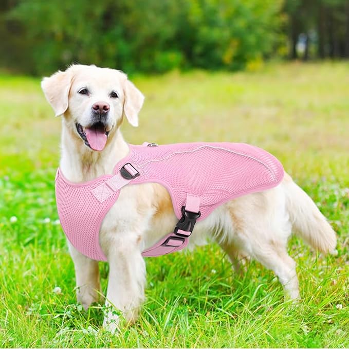 Kuoser Dog Cooling Vest for Large Dogs, Lightweight Doggie Cooler Jacket Breathable Mesh Pet Cooling Shirts Reflective Puppy Cool Harness for Beach, Hiking, Walking Pink XXL