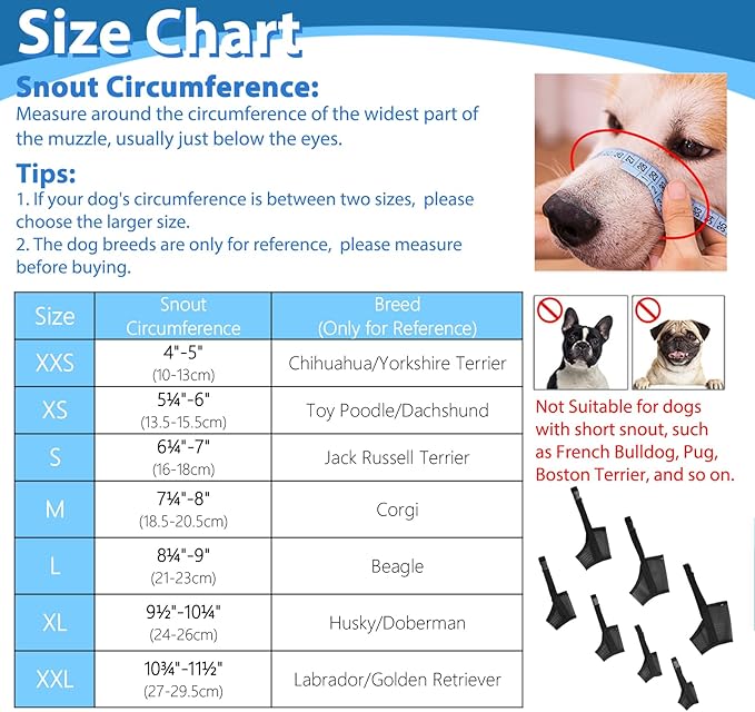 LUCKYPAW Dog Muzzle Suits for Small Medium Large Dogs, Mesh Muzzle Anti Biting Chewing, Breathable Mouth Cover Set with Adjustable Strap for Grooming Vet Visiting Training, 7 PCS(XXS-XXL), Black