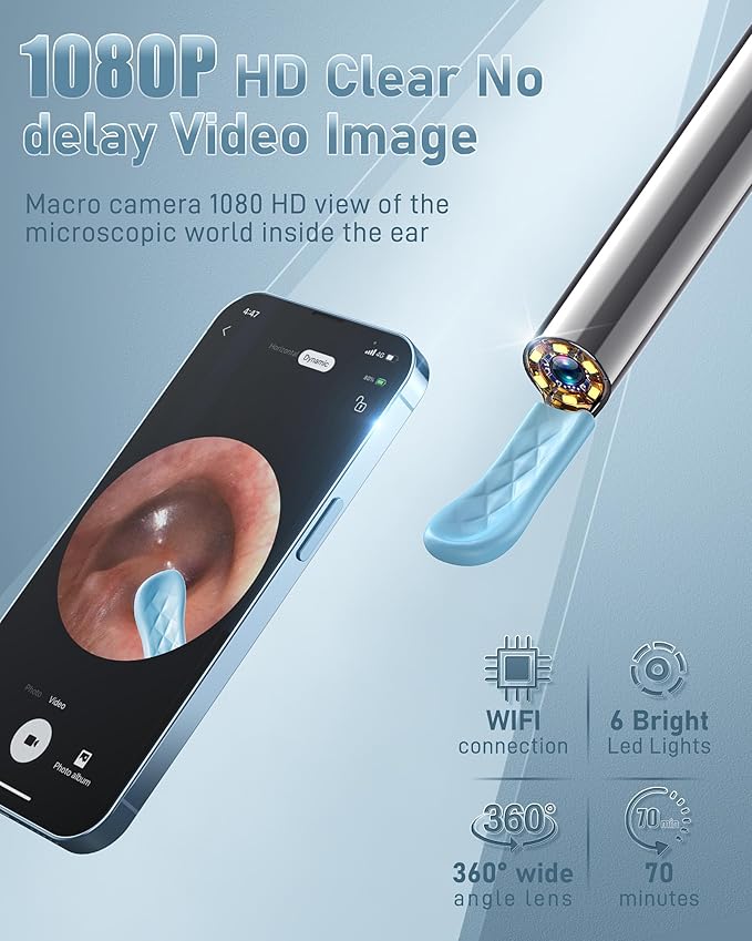 Loyker Ear Wax Removal Tool Camera, Ear Cleaner with 1080P Camera, Earwax Removal Cleaning Kit with 6 Ear Pick, Otoscope for iPhone, iPad, Android Phones, Orange