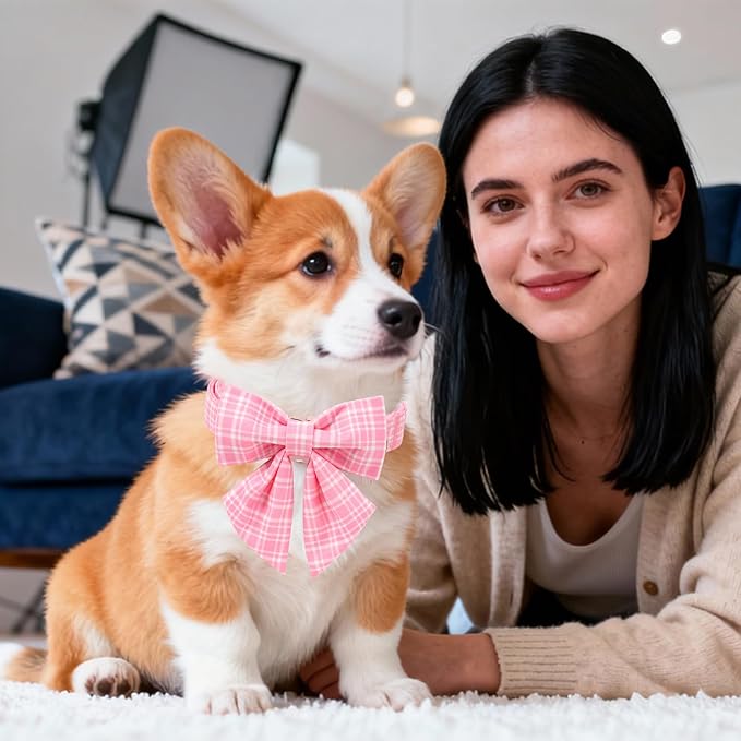 Pink Dog Collar for Girl Dogs, Spring Summer Pink Plaid Dog Collar with Bowtie- Adjustable Female Sailor Bow Dog Collar for Medium Dogs M