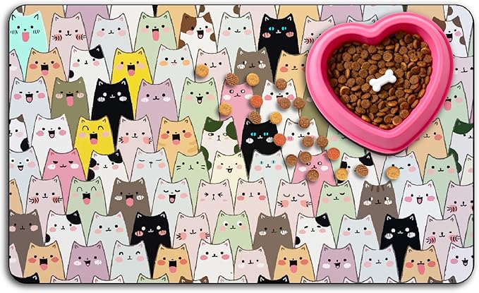 Cute Cat Food Mat Pet Feeding Placemat Colorful Cartoon Cat Pattern Rectangle Diatomaceous Earth Absorbent Quick Dry Pet Mat Protect Floors for Food and Water Bowl Supplies 20 x 12 Inch