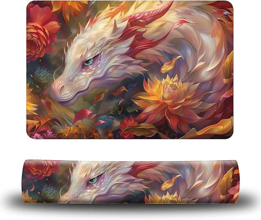 Dog Food Mat, 15.7" x 23.6" Absorbent Pet Feeding Mat for Food and Water, Waterproof Diatom Mud Pet Placemat with Non-Slip Rubber Backing, Cat Bowl Mat for Floors - Pink White Dragon