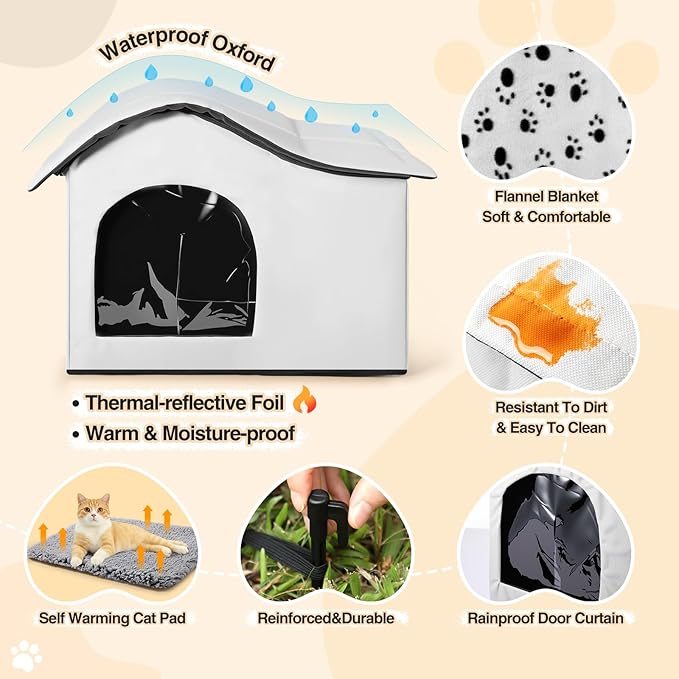 Self Heating Outdoor Cat House Weatherproof Insulated Stray Pet Feral Cat House Outdoor for Winter Collapsible Cats Shelter with Self Warming Mat Blanket and Tent Stakes for Feral Cats Dog