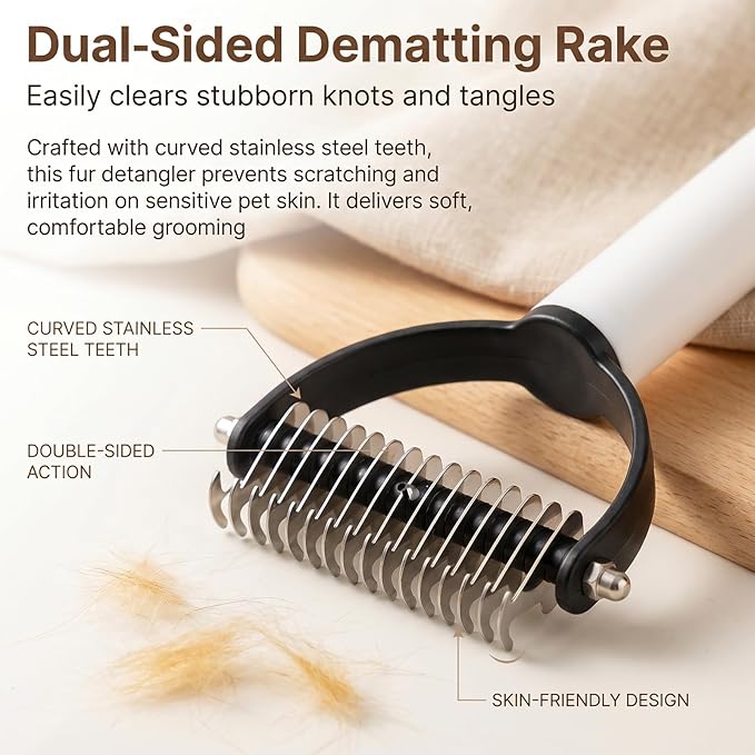 Double Sided Dematting Comb for Cats & Dogs, Gentle Matt Remover Detangler for Tangles, Knots and Loose Fur, Ergonomic Grooming Brush for Long Thick Haired Pets