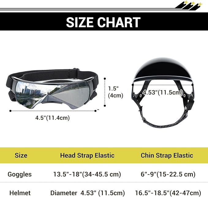 Small Dog Goggles with Helmet, 2PCS Dog Sunglasses and Pet Motorcycle Helmet with Ear Holes, Small Medium Breed Outdoor Driving Walking Biking Protection, Silver