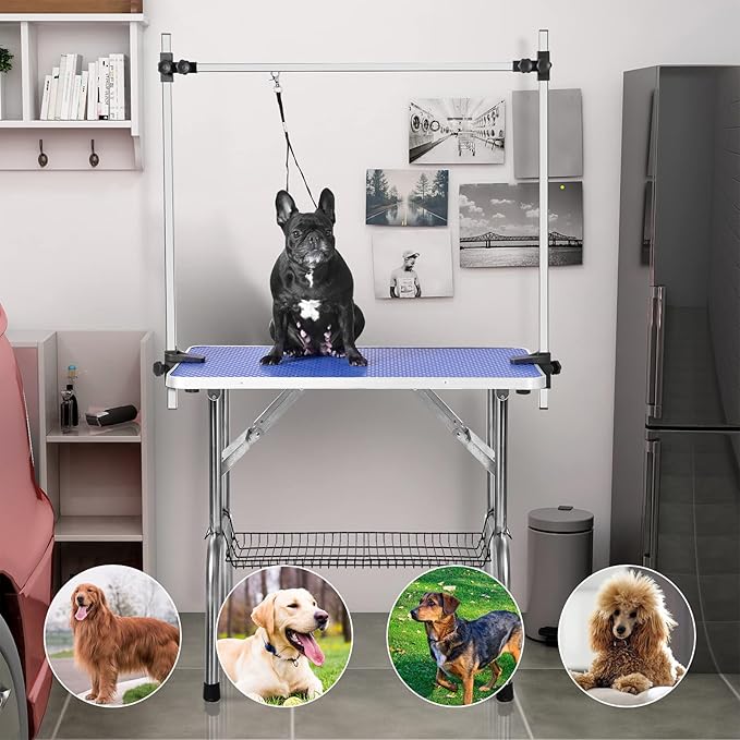 Lyromix 46" Foldable Dog Grooming Table For Large Dog, Adjustable Pet Grooming Table, Maximum Capacity Up to 300LB, Blue