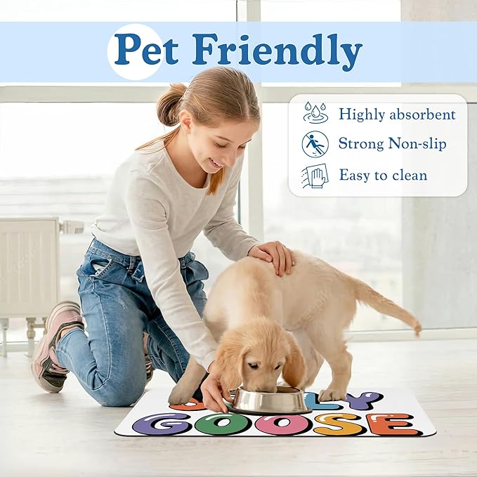 Silly Goose Pet Food Mat for Cats and Dogs–Absorbent Quick Dry Feeding Placemat, Non Slip Rubber Base, Waterproof Bowl Mat for Indoor Use, Pet Supplies 12"x20"
