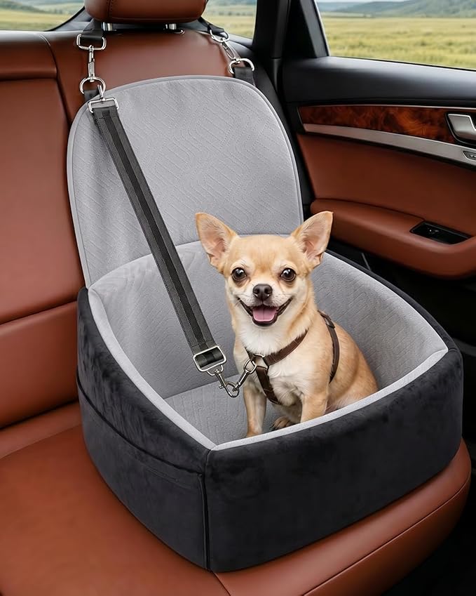 NUPIDA Dog Car Seat for Small Dogs, Dog Booster Seat with Extendable Backrest, Pet Car Seats up to 30 lbs, Washable Removable Cover Travel Bed with Storage Pockets and 2 Safety Leashes, Black&Grey
