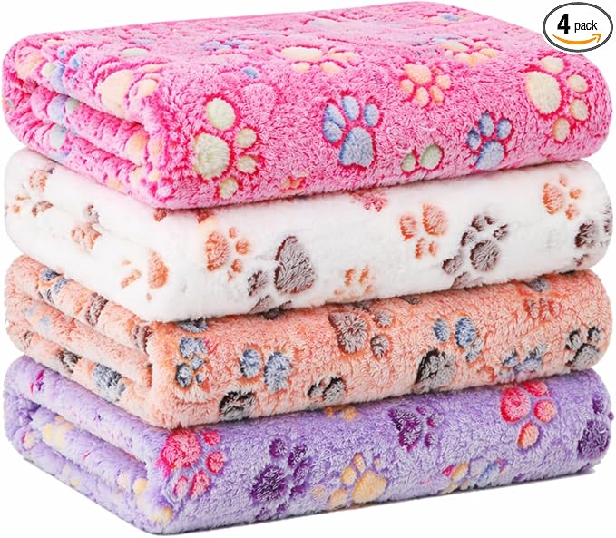 Tatuo 4 Pack Fleece Dog Blankets for Puppy Cats Multi-Size Sleep Mat for Pet Guinea Pig Soft Washable Warm Crate Bed Puppy Teething Toys Print Pattern Blanket Indoor(Mixed Color,51 x 63 Inch,Paw)