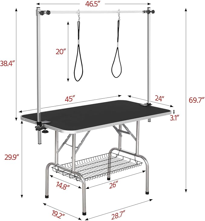 Topeakmart Foldable Pet Grooming Table - Professional Stainless Steel Dog Cat Trimming Table w/Adjustable Arm/Noose/Mesh Tray 45L x 24W x 30H inch Maximum Capacity Up to 265Lb