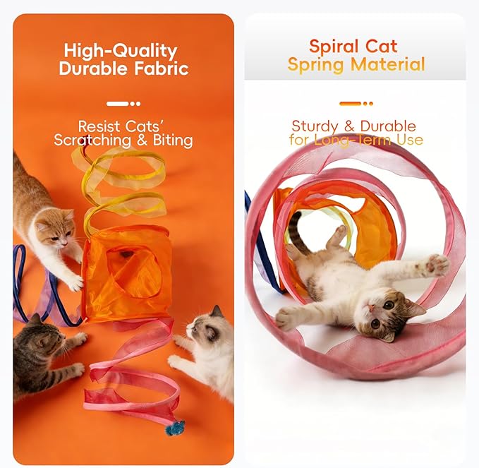 Cat Spring Toy-Spiral Cat Tunnel with 3 Realistic Mouse Decor, Retractable Elastic Spring Cat Toy for Indoor Cats