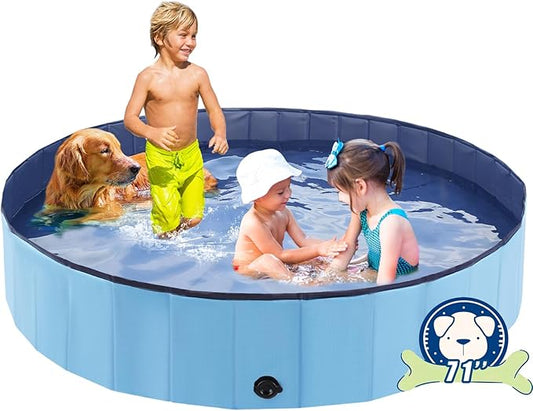 Eooqi Foldable Dog Pool, Portable Pet Bath Tub and Kiddie Swimming Pool, Collapsible Bathtub for Puppies, Small, Medium and Large Dogs, Cats and Kids, 71 x 12 in, Blue