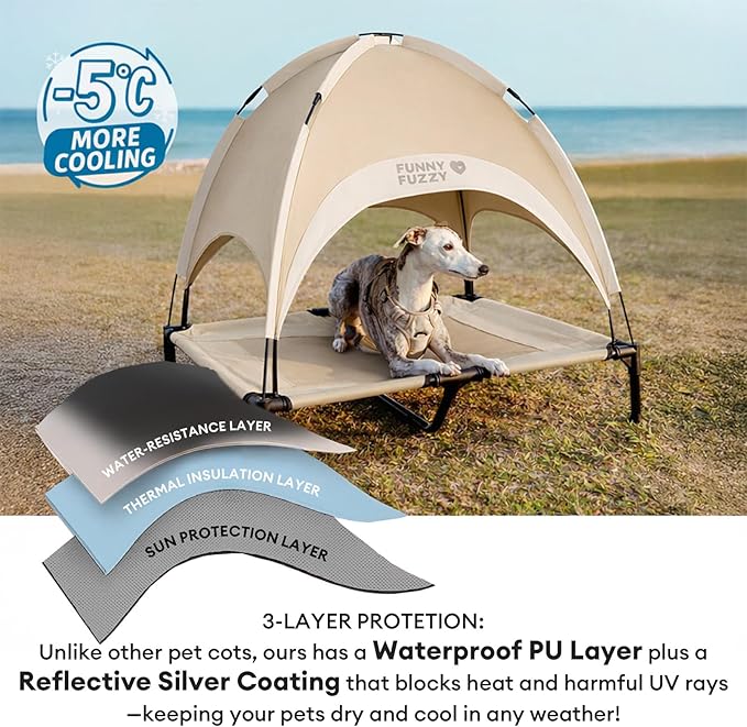 FUNNY FUZZY Elevated Dog Bed with Canopy,Khaki, X-Large (48"x36"x9") – Outdoor Raised Dog Cot with Shade, Cooling Breathable Mesh Pet Bed, Portable Waterproof Camping Bed for Large Dogs up to 120 lbs