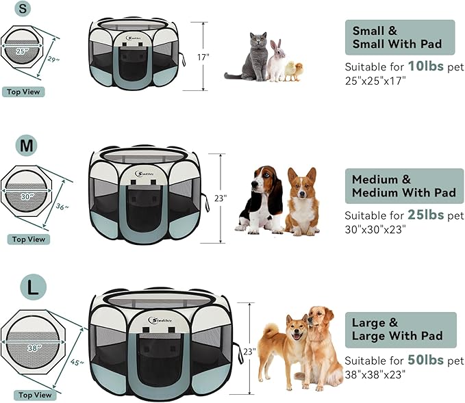 Siedihit Puppy Playpen for Large Dog Cat, Dogs Tent Crate Cage Indoor/Outdoor, Portable Pop Up Dog Kennel with Carrying Bag for Rabbits, Removable Top (Grey with Pad, Large)