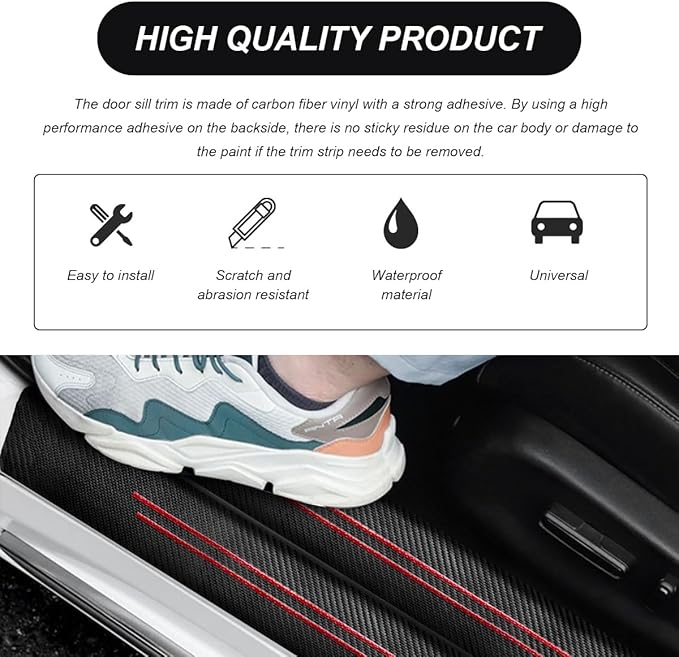 4 PCS Car Door Sill Protector, Waterproof Carbon Fiber Style Car Door Entry Guard Sill Protector, Anti-Scratch Door Threshold Strips Stickers for Most Vehicles, Car Accessories (Red-4pcs)
