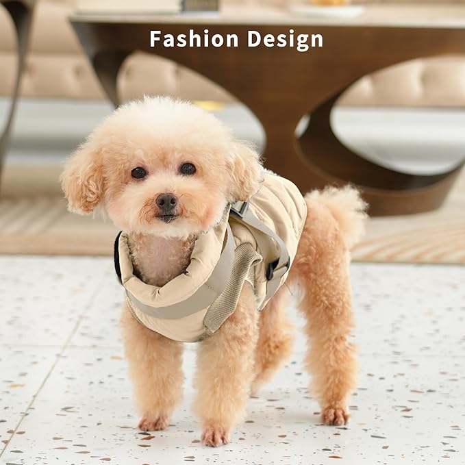 JoyDaog Dog Jacket with Harness,Fleece Lined Warm Puppy Coat for Winter,Soft Windproof Small Dog Vest,Khaki S