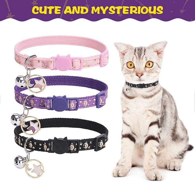 PUPTECK Cat Collar Breakaway with Bells, Kitten Collar Outfit Adjustable for Girl Boy Small Pet Puppy Bunny, Cute Costume Accessory with Safety Release Buckle (Star&Moon)