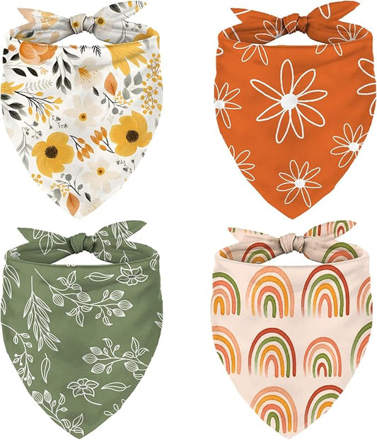 Whaline 4 Pcs Boho Pet Bandanas Spring Daisy Rainbow Floral Flower Dog Scarf Washable Adjustable Triangle Dog Bibs Puppy Neckerchief for Cat Pet Birthday Costume Accessories