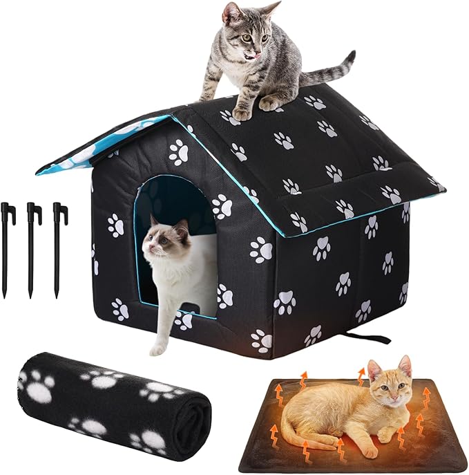 Outdoor Waterproof Cat House Stray Pet Outdoor Houses for Feral Shelter for Cats Dog Collapsible Pet Shelter with Self Warming Pad Blanket, 3 Pcs Tent Stakes(L Size)