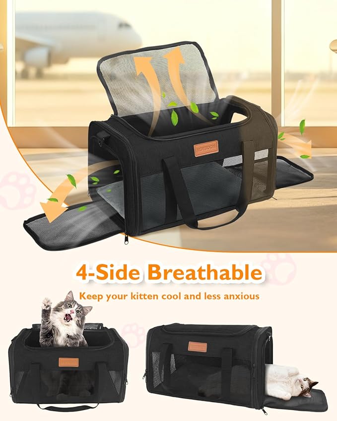 PETUX Airline Approved Pet Carrier - 17x11x9.5 in, Underseat, Top & Side Entry, Soft Sided Cat Carrier for Small Cat Up to 12 lbs with Breathable Anti-Scratch Mesh for Travel & Vet - Black
