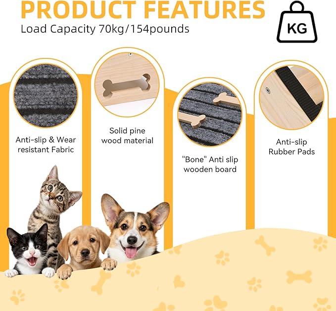 2-Pack Wooden Dog Ramp for Stairs - Natural Pine Wood Pet Step Ramp with Anti-Slip Bone Strips & Felt Padding, Stair Wedge for Small Medium Dogs, Indoor Home Safety Access for Injured Dogs