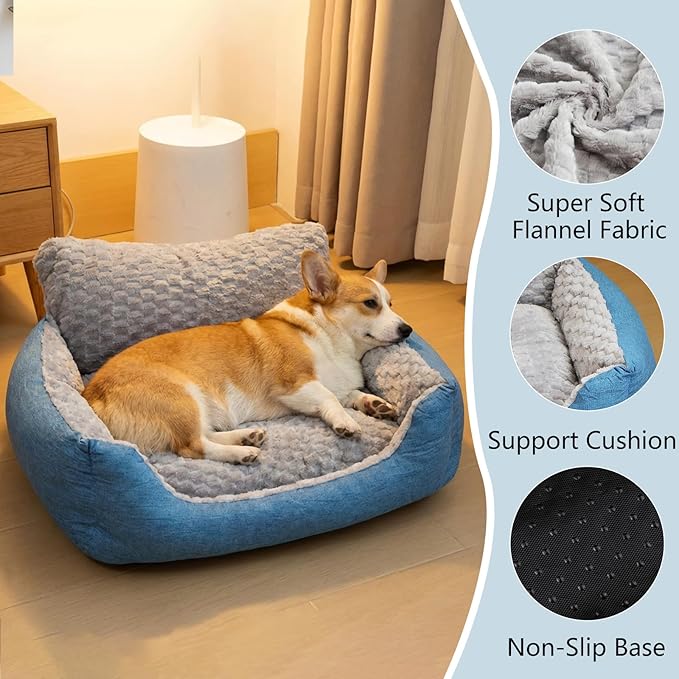 Small Dog Bed & Cat Sofa, 24"x20"x12" Soft Plush Calming Pet Bedfor Deep Sleep, All-Season Faux Fur Linen Orthopedic Puppy Bed with Non-Slip Bottom, Machine Washable, Fits Pets up to 17 Ibs