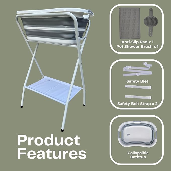 Collapsible Elevated Pet Bathtub, Foldable Washing Station for Small to Medium Dogs and Cats, Portable Pet Shower and Grooming Stand for Indoor and Outdoor Use