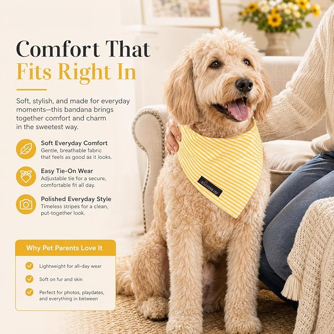 ARING PET Stripe Dog Bandanas, Cute Yellow Pet Bandana Scarf Triangle Bib for Small Medium Large Boy Girl Dogs Cats, Puppy Kerchief for Daily Wear Walks Party Photos-L