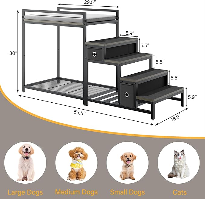 kepptory Pet Bunk Bed with Stairs and Storage, Dog Beds Attachment to Human Bed, Bedside Dogs Cot for Small, Medium Cats & Dogs, Pet Window Perch (Grey)