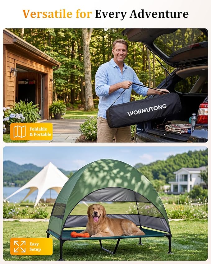 Elevated Outdoor Dog Bed with Canopy, Raised Dog Cot with Stable Adjustable Feet, Dog Camping Bed with Larger Shade, Lifted Dog Tent Bed with Canopy for Outside (Green, X-Large)