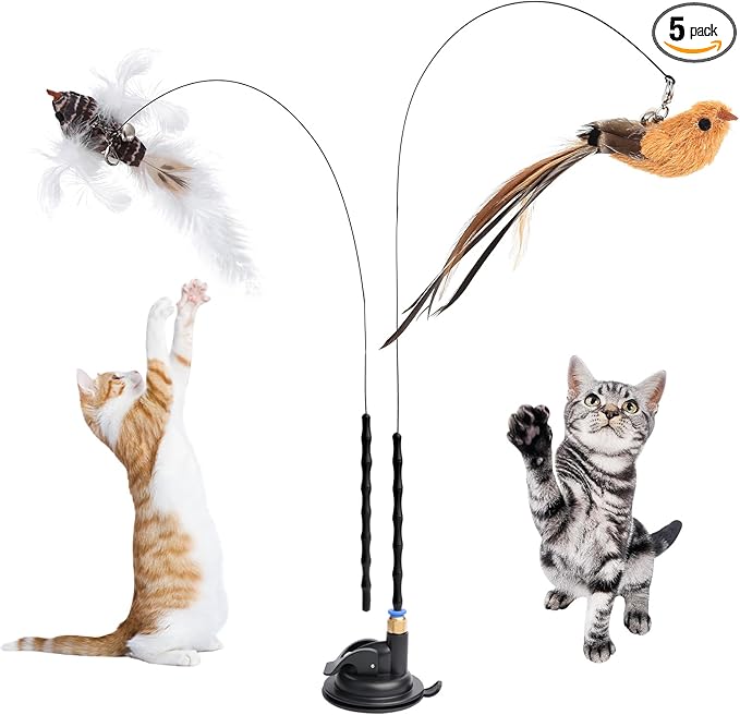 5 Pcs Interactive Cat Feather Toys, Interactive Cat Toys for Indoor Cats, Bird Simulation Cats Feathers Fishing Pole Toy Kit with Suction Base & Replacement Birds for Outdoor Indoor Kitten Playing