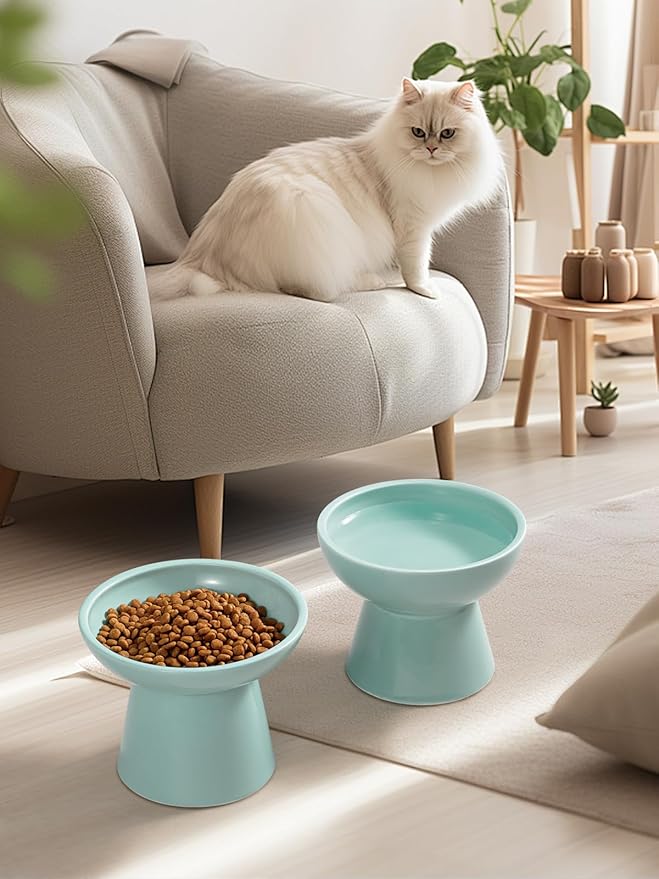 LoeJan Elevated Cat Food and Water Bowls Set, Extra Wide and Raised Ceramic Feeder, Anti-Vomit Whisker-Free Pressure Feeding Bowl for Kittens Adult Small Dogs, Blue