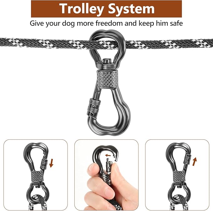 XiaZ Dog Camping Leash, 100ft Portable Overhead Trolley System for Dogs up to 200lbs, Dog Tie Out Cable, Camping, Parks, Outdoor Events,5 min Set-up,Black