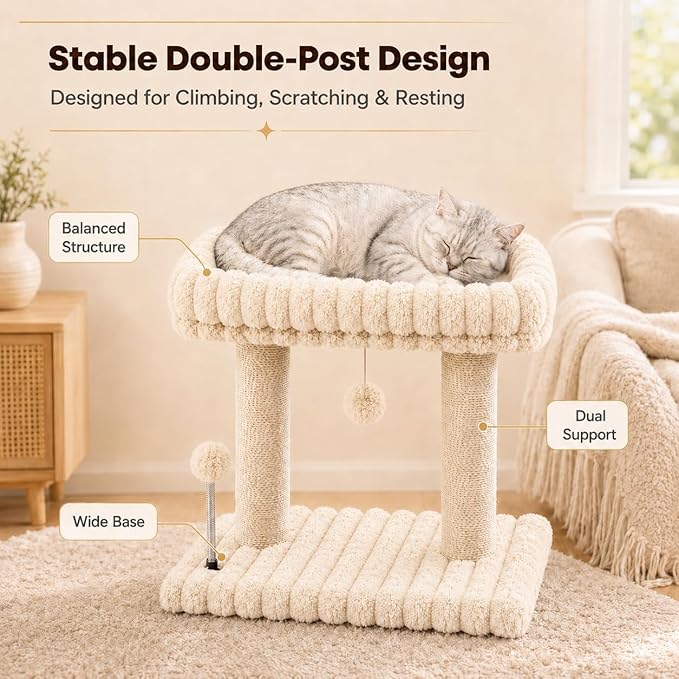 Cat Tree with Cat Scratching Post for Indoor Cats,Small Cat Tower with Soft Large Perch Bed Sisal Scratcher for Medium Cats and Kitten,Activity Play Centre Spring & Hanging Toy Balls,Beige