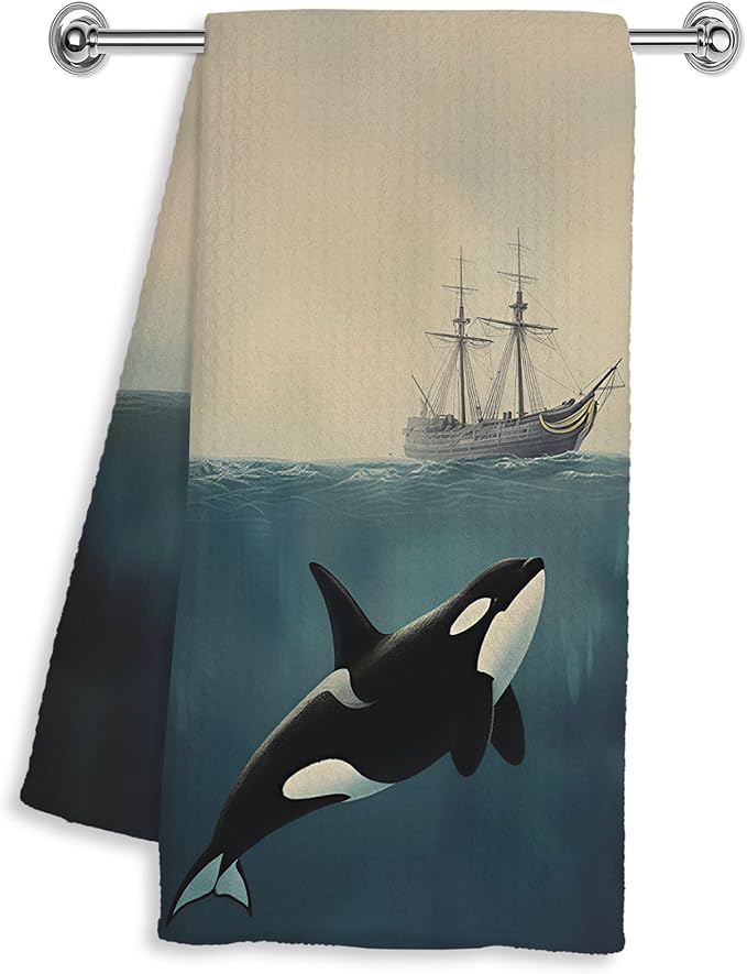 Vintage Nautical Hand Dish Tea Towels for Kitchen Bathroom Decor 16x24 Inches, Whale Lover Gifts, Coastal Ocean Killer Whale Sailing Kitchen Towels Decorative