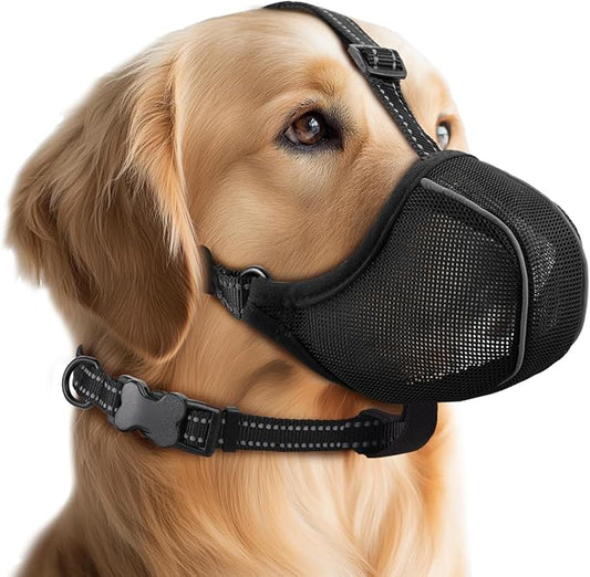 Dog Muzzle - Soft Breathable Mesh Nylon Adjustable Muzzle for Small Medium Large Dogs | Prevents Chewing,Biting & Scavenging | Allows Panting, Drinking & Grooming | Secure Collar Strap Design(Black M)
