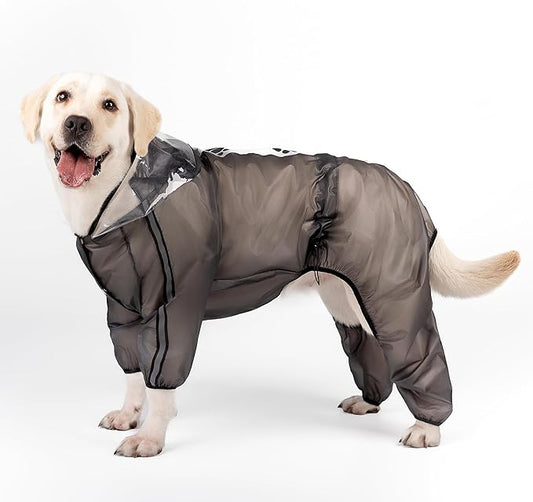 Olsa Dog Raincoat, Dog Hooded Slicker Poncho, 4 Legs Rain Jacket with Reflective Stripe, Transparent Water Proof Resistant Rain Snow Clothes for Small Medium Large (Black, 3XL)