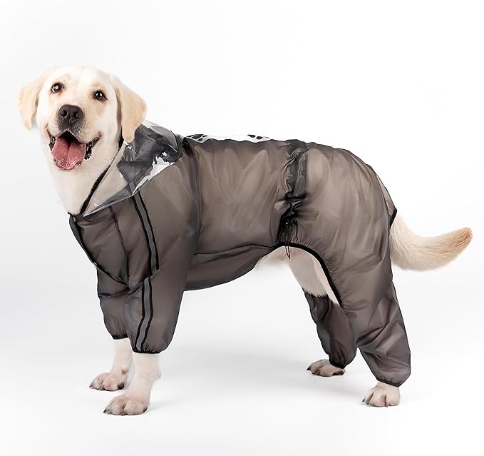 Olsa Dog Raincoat, Dog Hooded Slicker Poncho, 4 Legs Rain Jacket with Reflective Stripe, Transparent Water Proof Resistant Rain Snow Clothes for Small Medium Large (Black, L)