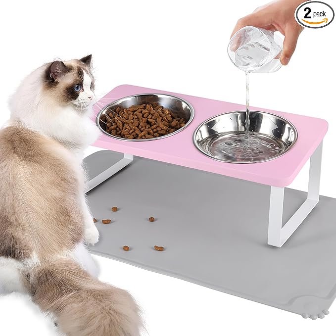 Upgraded Elevated Cat Bowls with Food Mat,15°Tilted Stand Anti Vomiting Raised Cat Dishes for Food and Water,2 Stainless Steel Bowls for Cats and Puppy（Pink）
