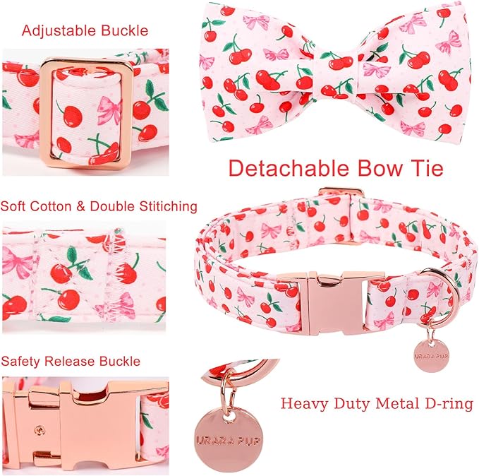Spring and Summer Dog Collar with Bow Tie, Spring Cherry Bowtie Collar for Girl Boy Dog with Metal Buckle, Pink Bow Collar for Dogs, XS