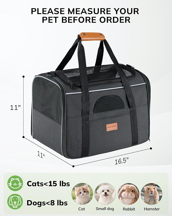 Morpilot Airline Approved Cat Carrier, 16.5" x11" x11" Soft-Sided Pet Travel Carrie with 4-Sided Mesh Ventilation for Cats & Puppies up to 15lbs (Dark Gray)