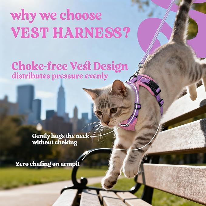 rabbitgoo Cat Harness and Leash Set, Escape Proof Vest Harness for Safe Outdoor Walks, Soft Breathable Adjustable Vest with Reflective Strips for Small and Average Cats, Pink & Purple, S