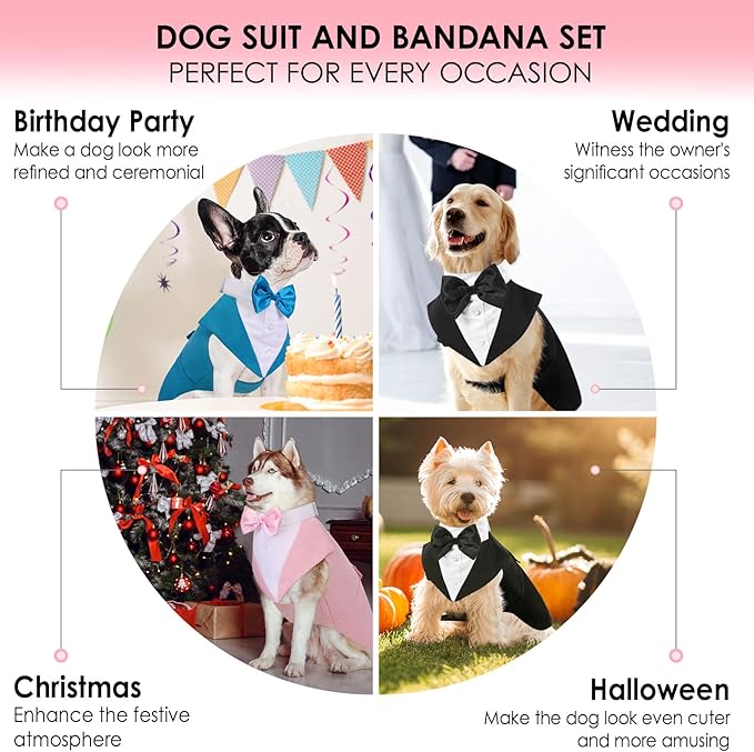 AOFITEE Dog Tuxedo Formal Dog Suit and Bandana Set, Gentle Dogs Wedding Party Suit Bow Tie Shirt, Tuxedo for Medium Dogs Costume Outfit with Detachable Bowtie Collar for Christmas Halloween Dress Up