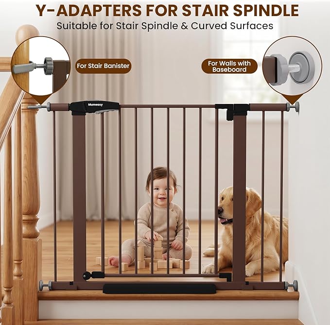 Baby Gate for Stairs, 29.7-40.6" Auto Close Dog Gate Indoor for Doorways, Dual-Lock Design, Extra Wide Pet Gate No Drilling with Walk Thru Door for Hallways, Stroller Friendly, Brown
