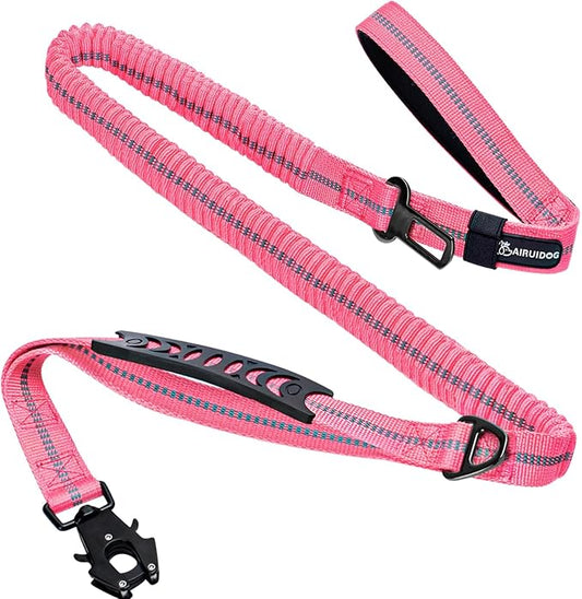 Heavy Duty Tactical Dog Leash, 4-6FT Shock Absorbing Bungee Lead with 2 Padded Handles, Metal Carabiner & Seatbelt Clip, Reflective No-Pull Leash for Medium/Large Dogs (Pink)
