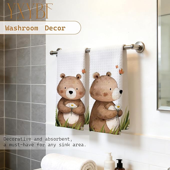 Spring Floral Bear Hand Towels for Kids Bathroom Washroom Decor 16x24 Inches, Gifts for Bear Lovers, Cute Forest Animal Kids Bathroom Towels Decorative, Set of 2